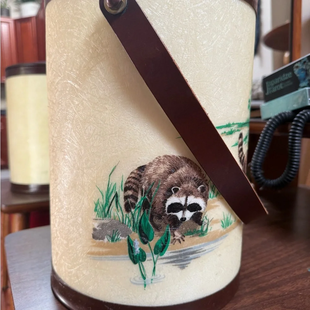 Vintage 70s Raccoon Ice Bucket Cream Brown leather handle Bacova Guild Antique